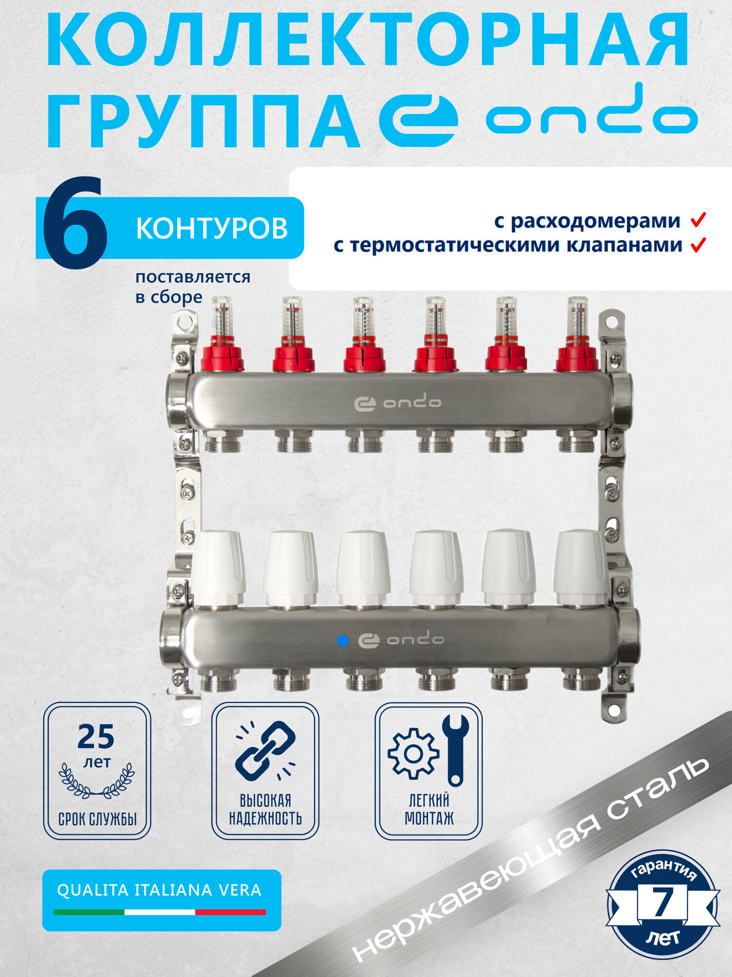 Коллектор для теплого пола на 6 контуров + расходомеры + термостатические клапаны ONDO
