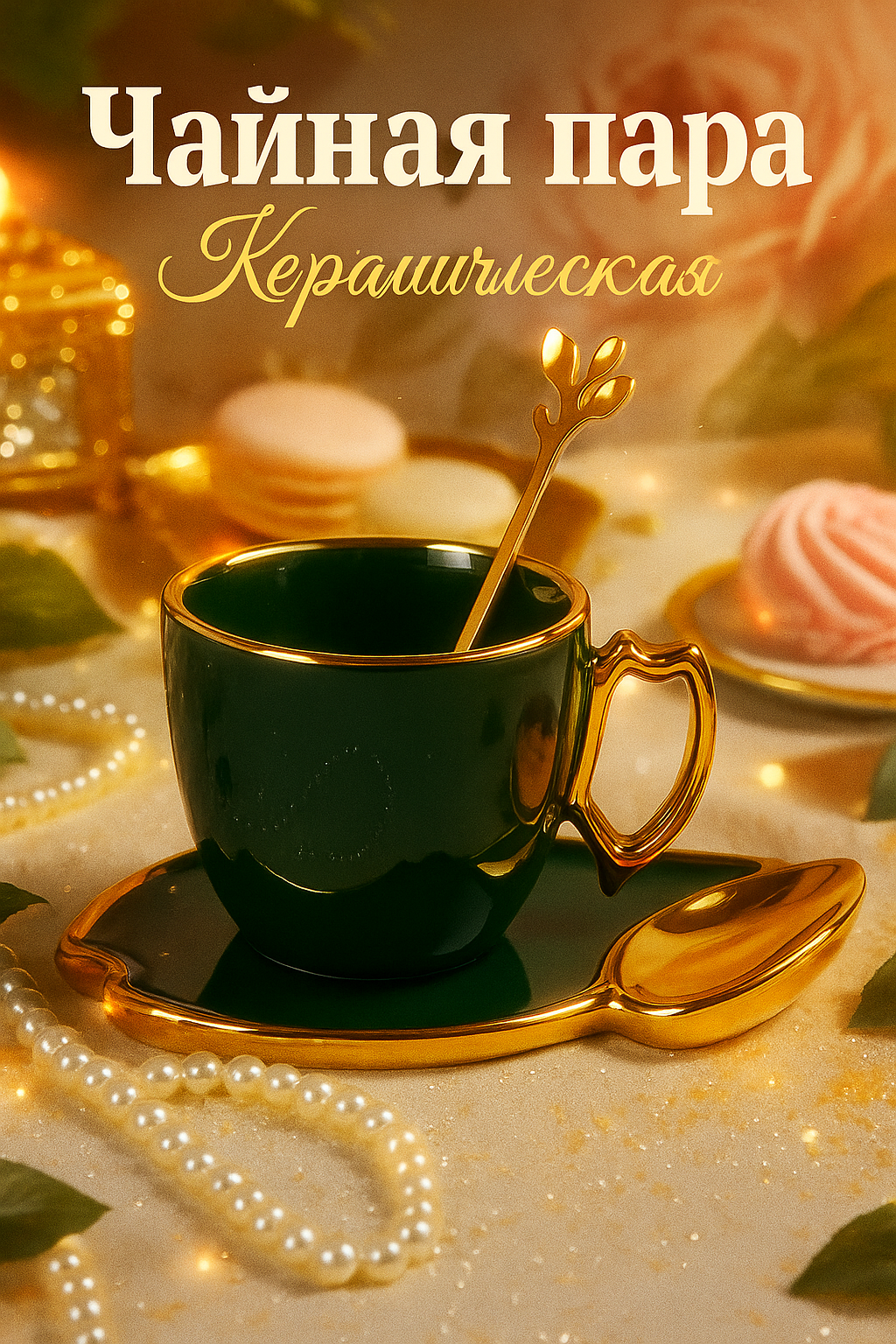 Чайная пара керамическая «Ливона» 3 предмета: чашка 200 мл блюдце d=14 см ложка цвет изумрудный