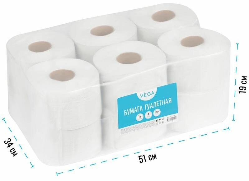 Бумага туалетная Vega Professional 1-сл 200м/рул белая 12 шт.