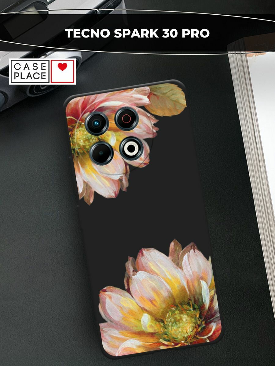 Черный матовый чехол на Tecno Spark 30 Pro / Текно Спарк 30 Про с принтом "Желтые георгины"