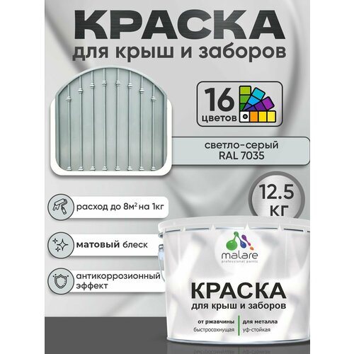 фото Краска malare для металлического забора, для крыши из металла, для металлочерепицы, антикоррозионная, матовый, светло-серый, 12,5 кг.