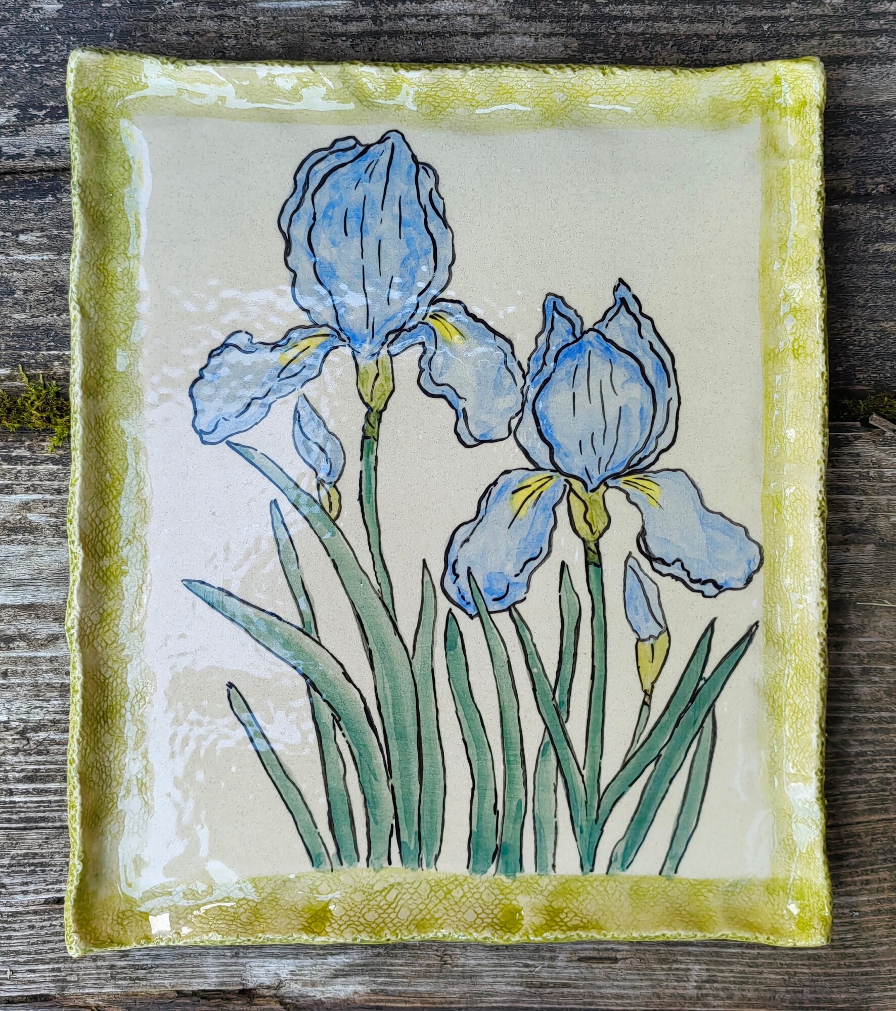 Авторская прямоугольная тарелка из керамики ручной работы Irina Volvach Art Ceramics "Ирисы", ручная роспись