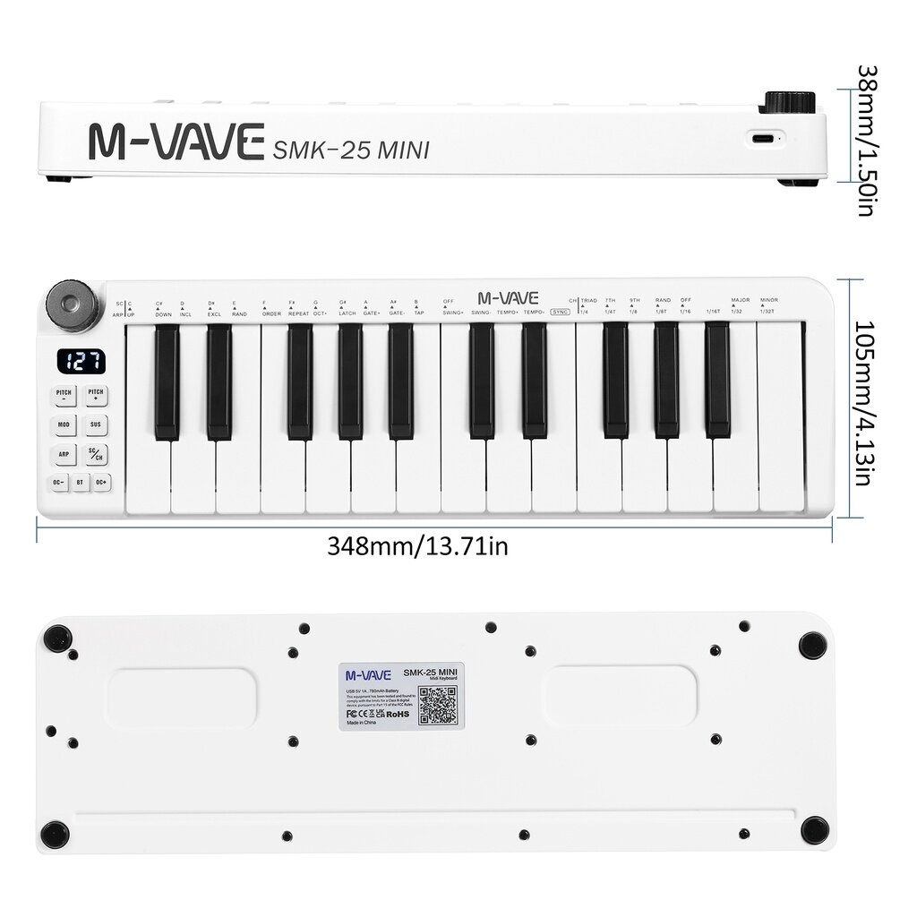 MIDI-клавиатура SMK-25 mini, 25 клавиш, чувствительная к касанию, USB-подключение, беспроводная