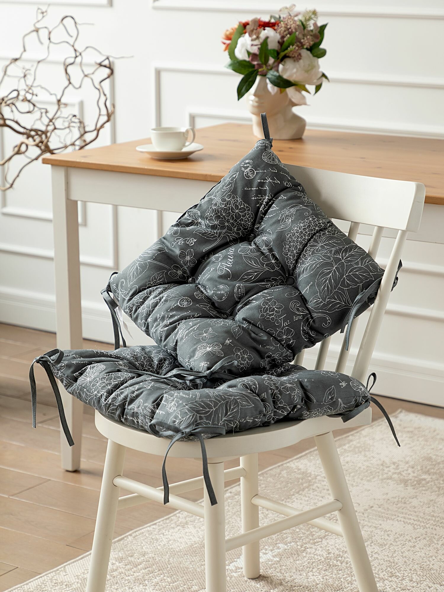 Подушка на стул с завязками квадратная (2шт.) 40х40 "Mia Cara" рис 30284-11 Жозефина графит — фото 1