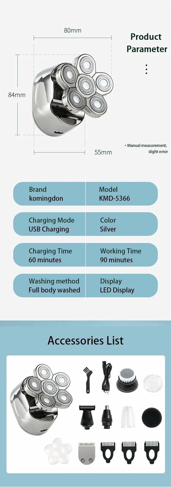 Электробритва "Komingdon" KMD-U6 Xiaomi, ротационная, сухое бритье, синяя