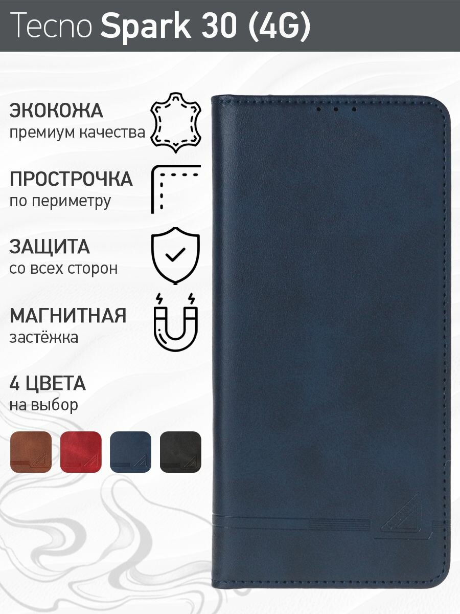 Стильный чехол-книжка для Tecno Spark 30 (4G) (Техно Спарк 30 4Г) премиальная защита, функция подставки, отделения для карт, магнитная застёжка