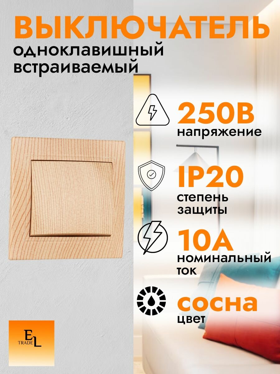 Выключатель одноклавишный встраиваемый сосна 10А, IP20, ЭКО, Таймыр, TDM ELECTRIC