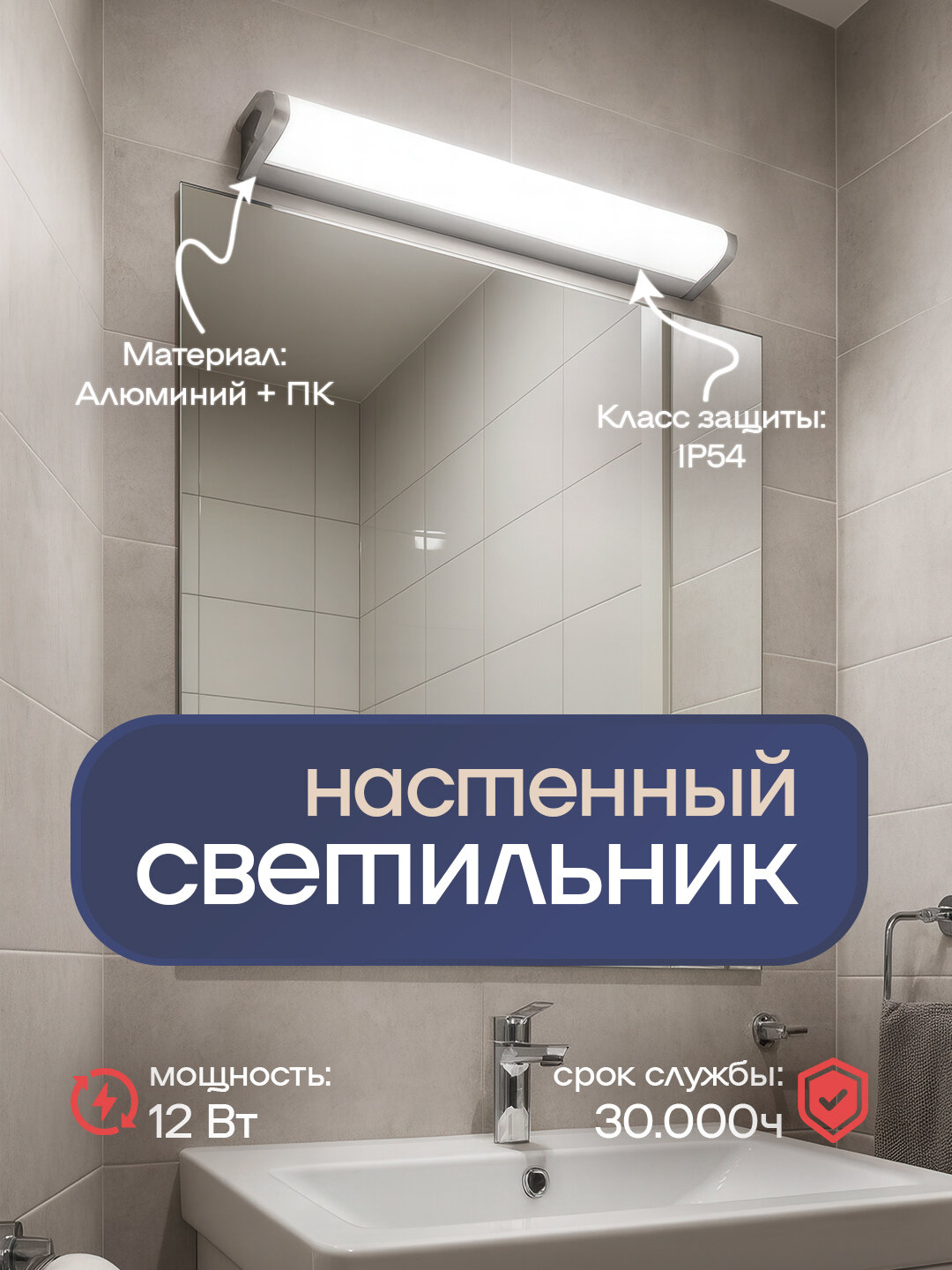 LED 12 Вт, высокая эффективность, защита от влаги и пыли, IP45