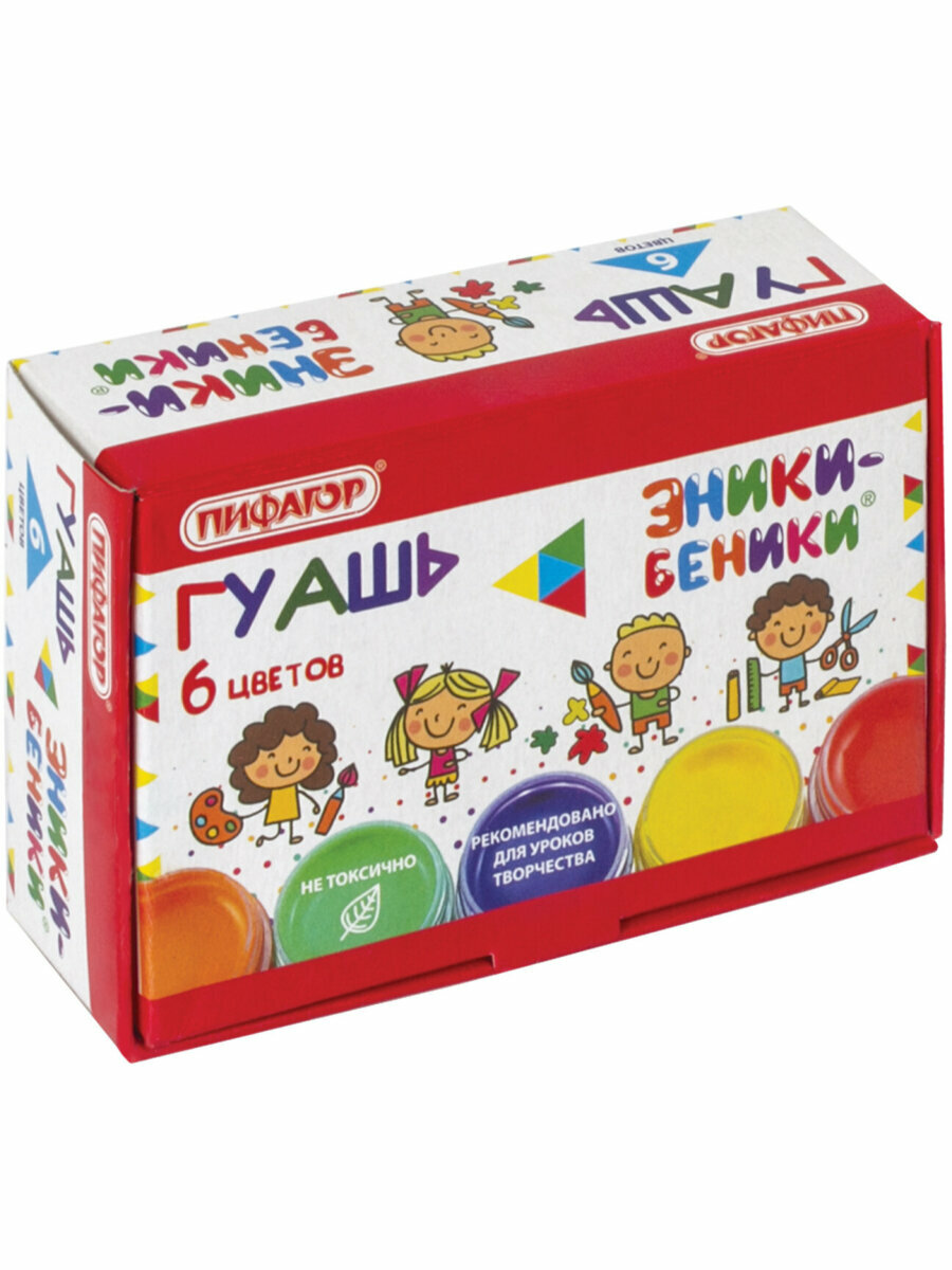 Гуашь (краска) для рисования школьная Пифагор Эники-беники", 6 цветов по 10 мл, без кисти, картонная упаковка, 191329