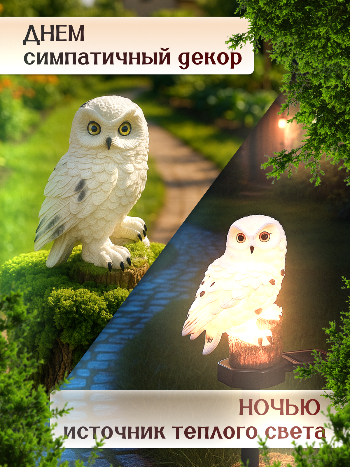 Садовый светильник на солнечной батарее, теплый свет, влагозащищенный, белая сова — фото 1