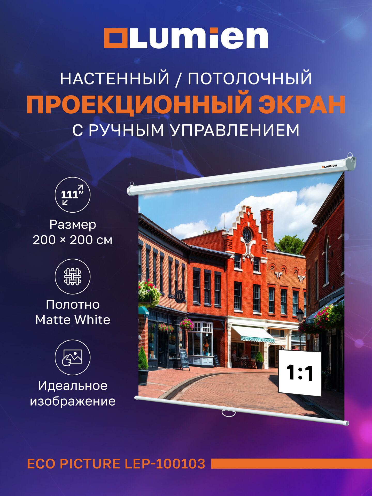 Настенный экран для проектора Lumien Eco Picture 111″ 200х200 см Matte White  1:1
