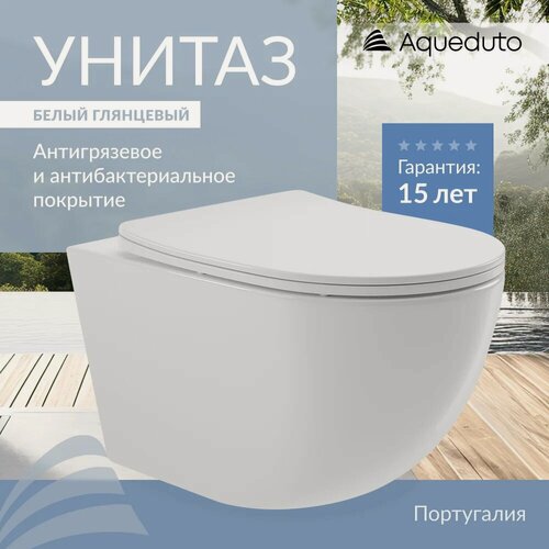 Изображение товара Унитаз подвесной Aqueduto Ovo OVO0110 с микролифтом, безободковый, без бачка, антивсплеск, фаянсовый, белый, глянцевый, овальный, сиденье для унитаза в комплекте