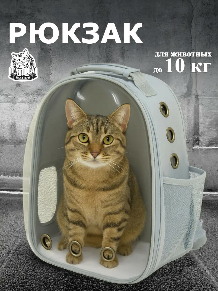 Рюкзак-переноска прозрачный для кошек и собак мелких пород до 10кг, серый с окном