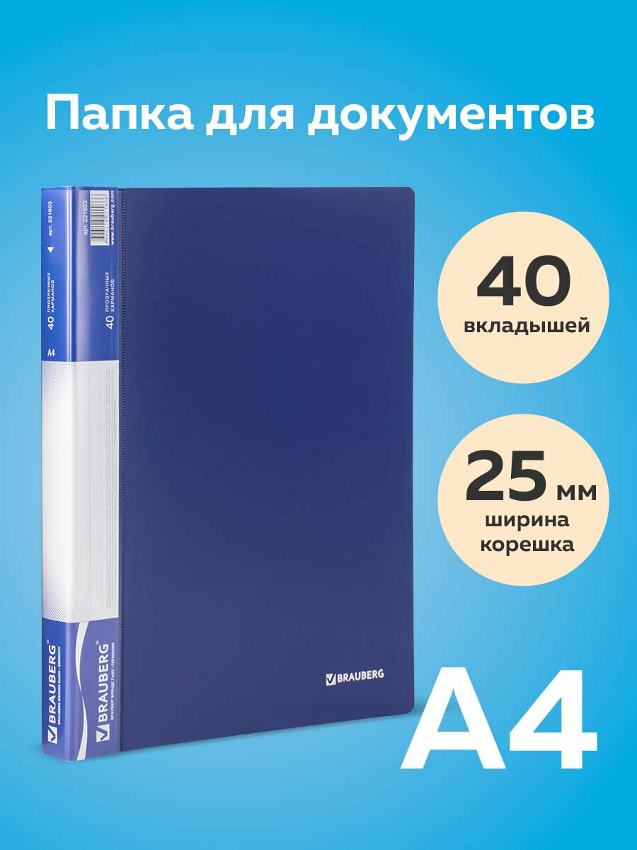 Папка 40 вклад. BRAUBERG Стандарт, синяя, 0,7мм, 221603