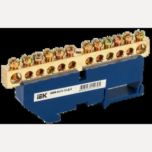 Изображение товара Шина N "ноль" IEK ШНИ-8х12-12-Д-С, латунь, 12 контактов, 125А, 400В, 8х12, синий, изолированная