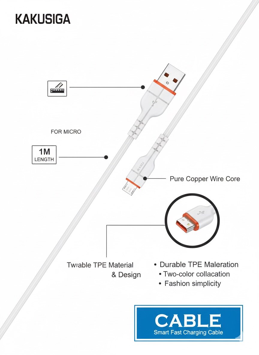 Кабель KAKUSIGA USB-Micro для быстрой зарядки, 1 метр, белый — фото 1