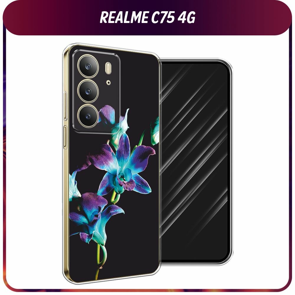 Чехол на Realme C75 4G / Реалми C75 4G с принтом "Синий цветок на черном"