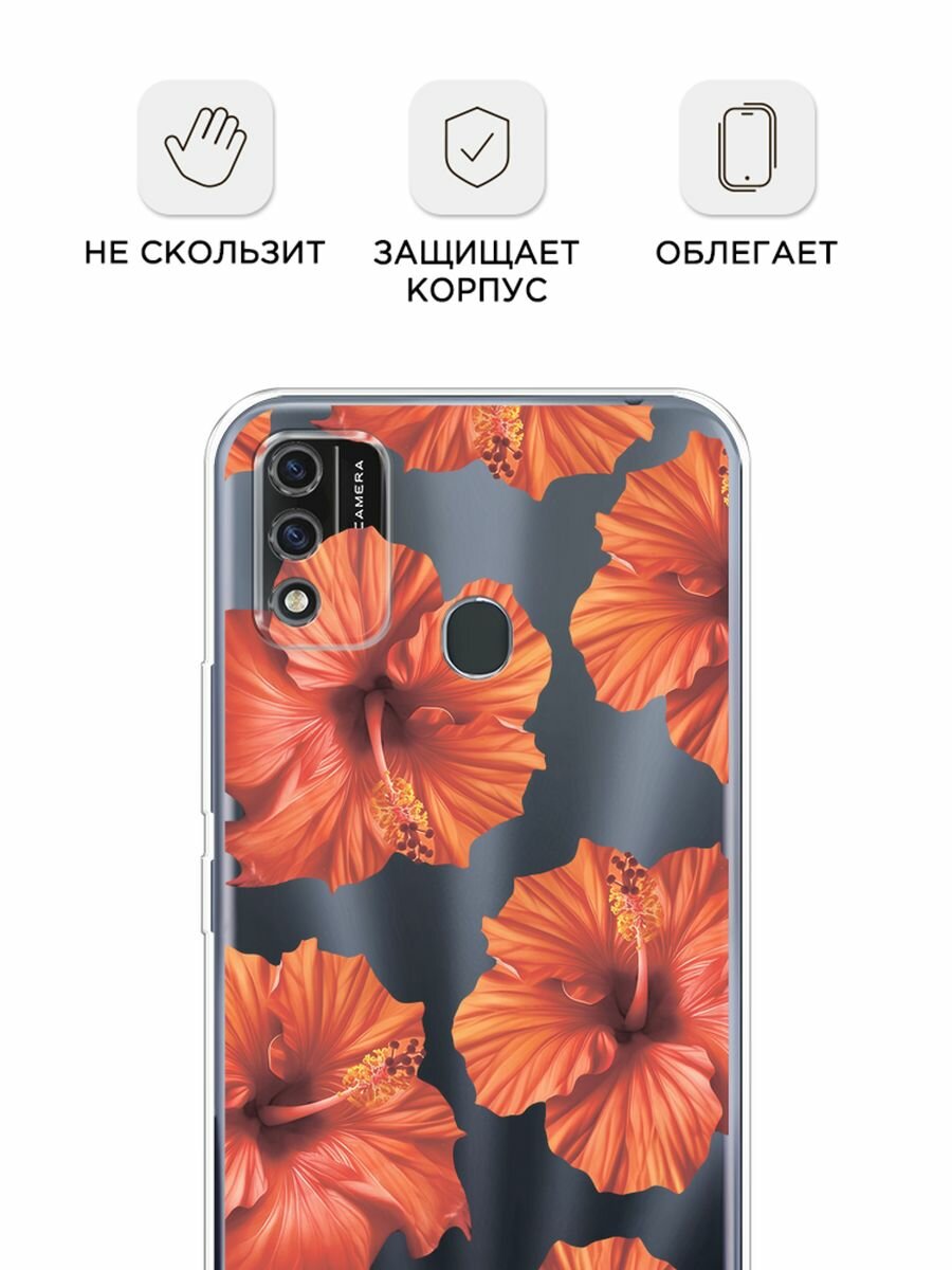 Чехол на Itel A48 / Ител А48 с принтом "Рыжие гибискусы", прозрачный — фото 1