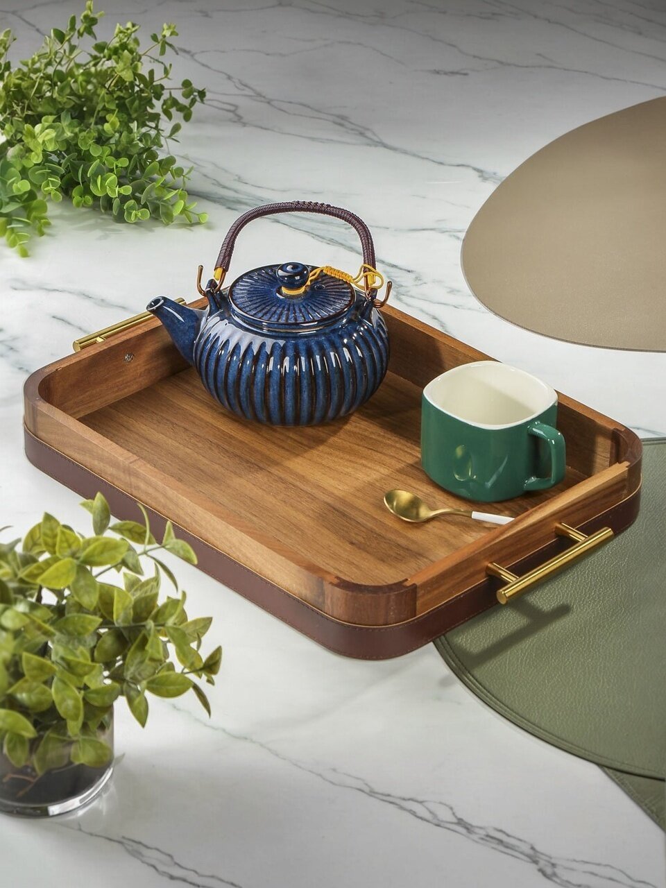 Поднос акация 42.5х27.8х5 см прямоугольный с металлическими ручками ST28942AJM11