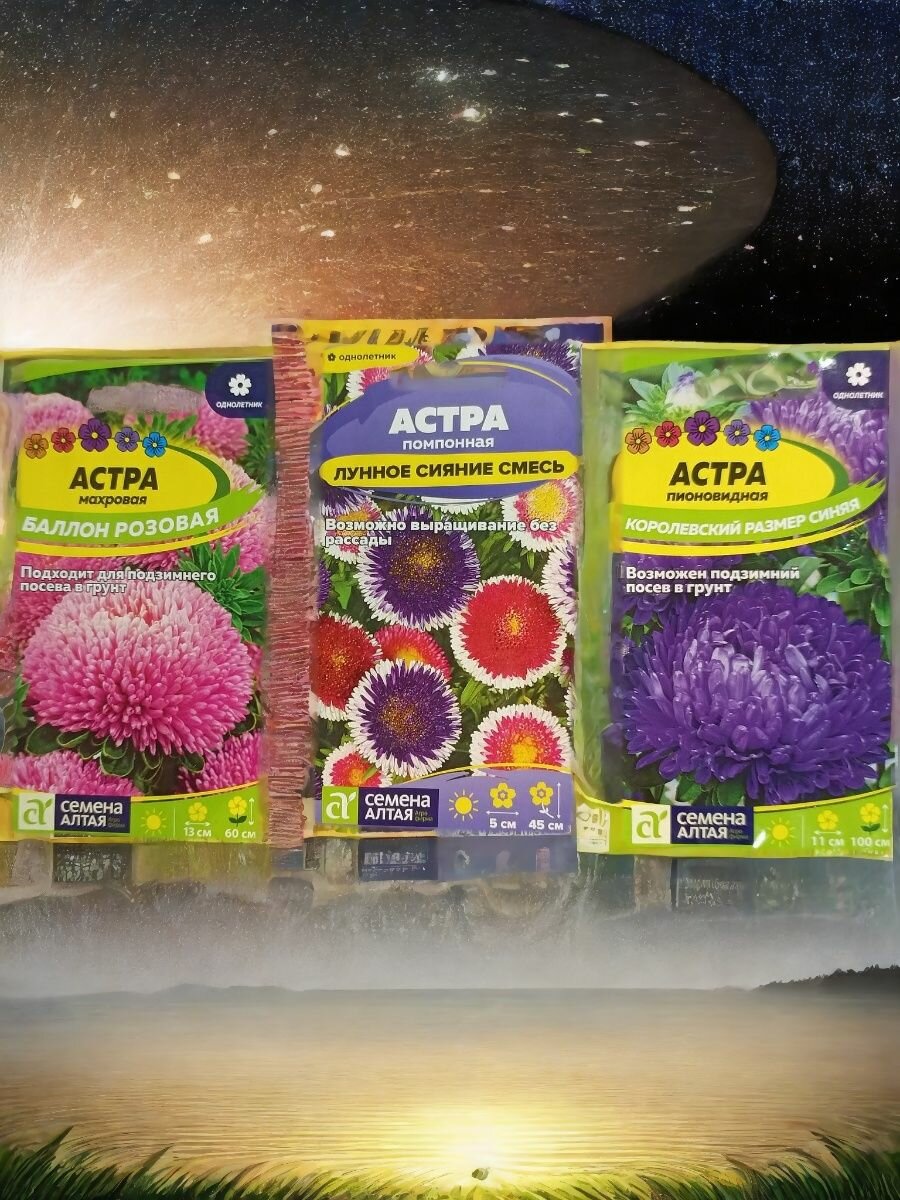 Набор семян астр Агрофирмы Семена Алтая 3 сорта. Лунное сияние смесь 0.2г  Баллон розовая 0.05г  Королевский размер синяя 0.2г.