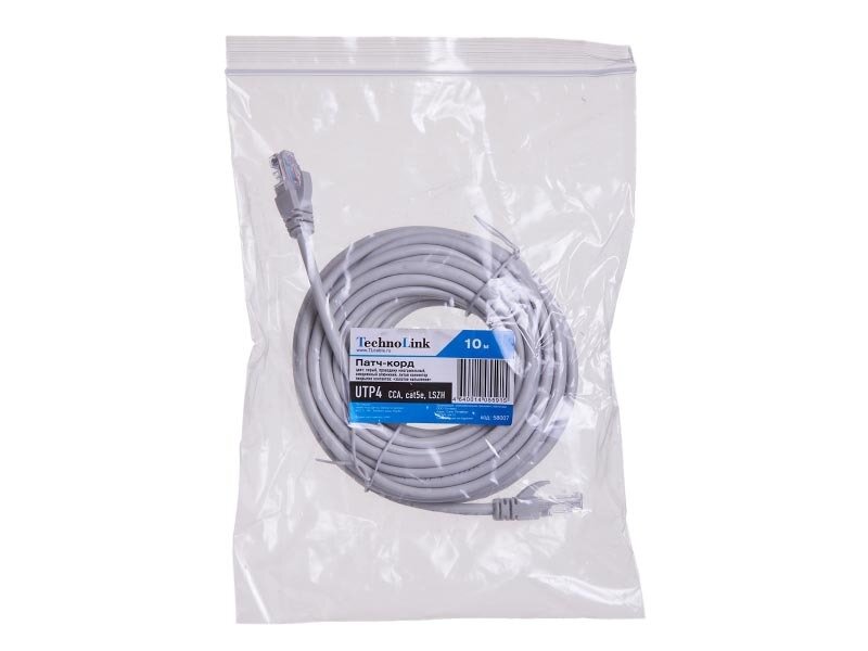 Патч-корд Technolink UTP4 cat.5е, 10.0м, LSZH, серый, литой коннектор — фото 1