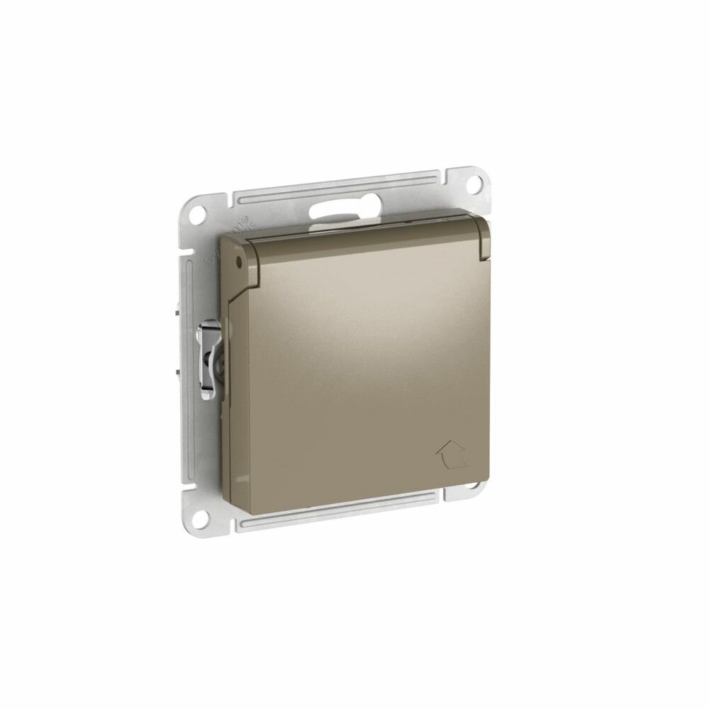 Розетка одинарная Systeme Electric с заземлением со шторками с крышкой, 16А, IP20, механизм, быстрозажимные клеммы, шампань, Atlasdesign