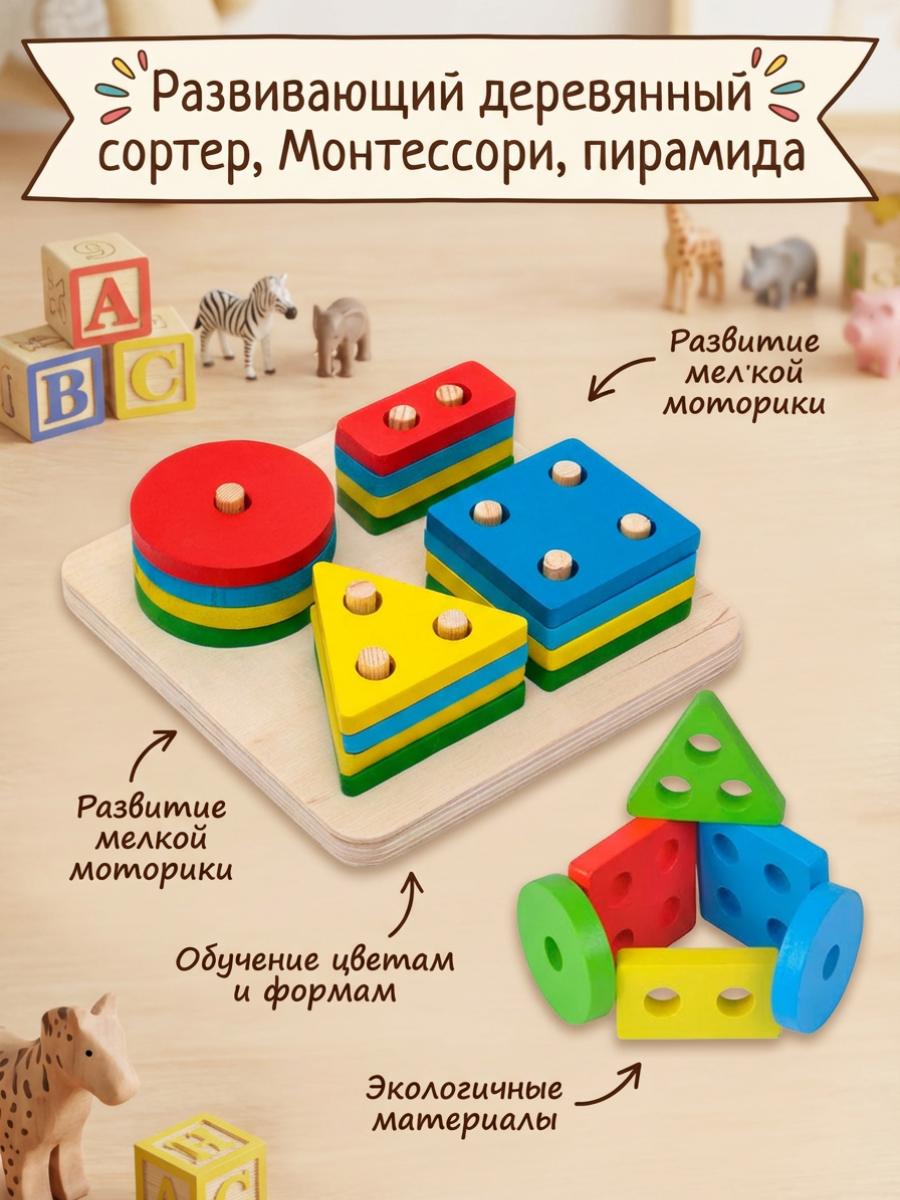 Деревянный сортер, развивающая детская игрушка, монтессори пирамида