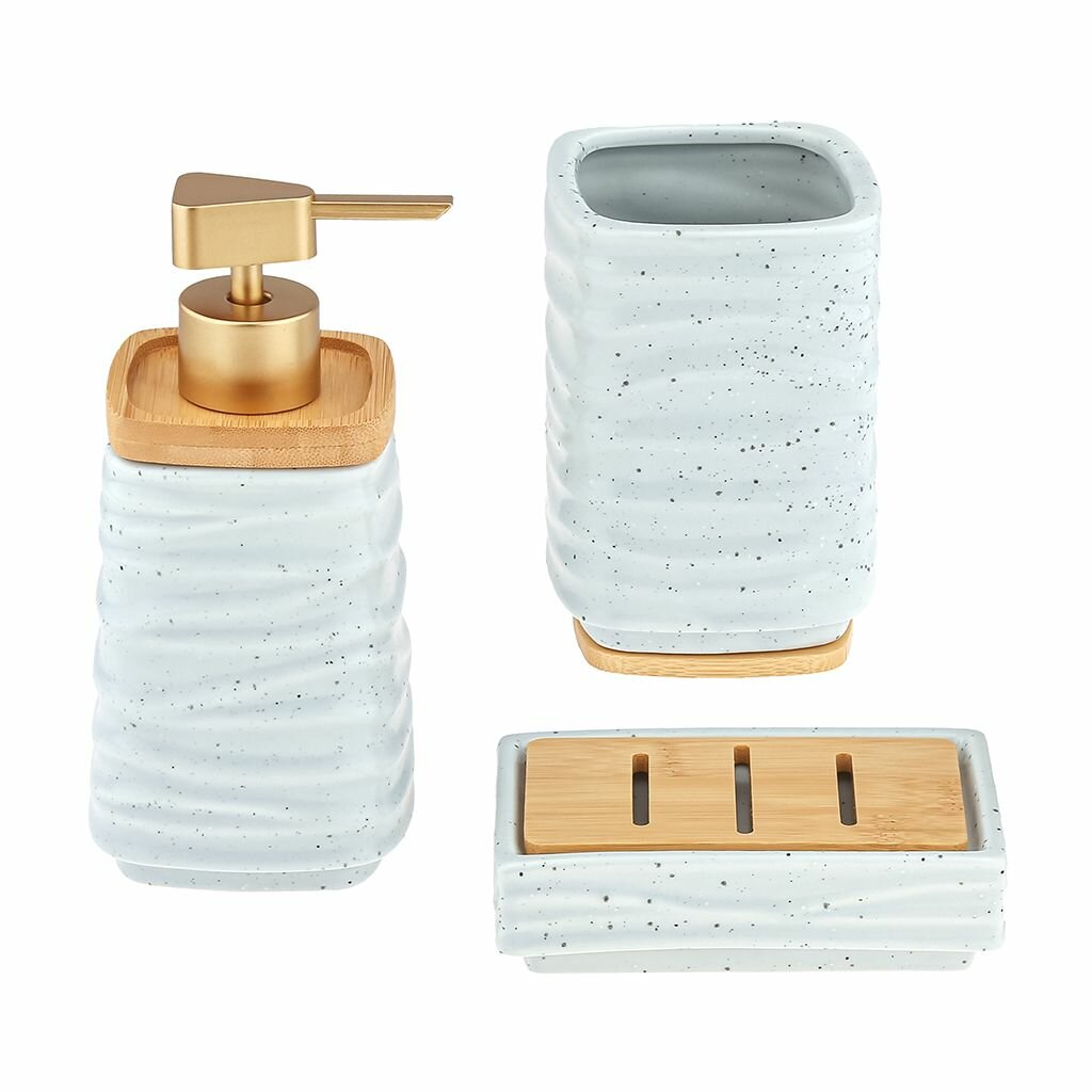 Набор д/ванной 3пр "Бамбук" дозатор/мыльница/стакан керамика, рельефная, голубой меланж