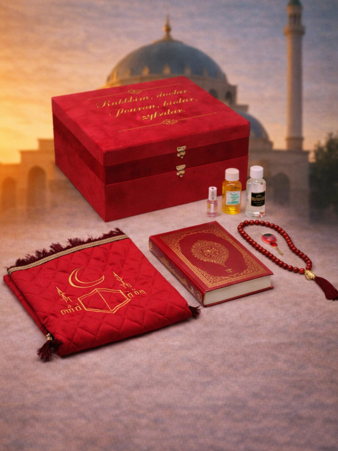 Религиозный набор для молитвы арабский Коран, коврик для намаза, четки, зам зам, в подарочной коробке - Красный