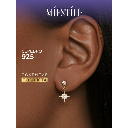 фото Серьги пусеты miestilo, серебро, 925 проба, золочение, фианит, размер 18 мм, длина 1.8 см, , золотистый