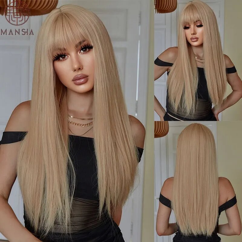 Парик женский длинный прямой блонд с челкой