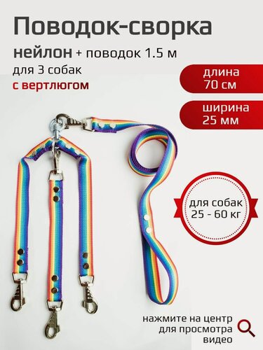 Изображение товара Сворка Хвостатыч для трёх собак с вертлюгом нейлон 70 см х 25 мм с поводком 1,5 м (радуга)
