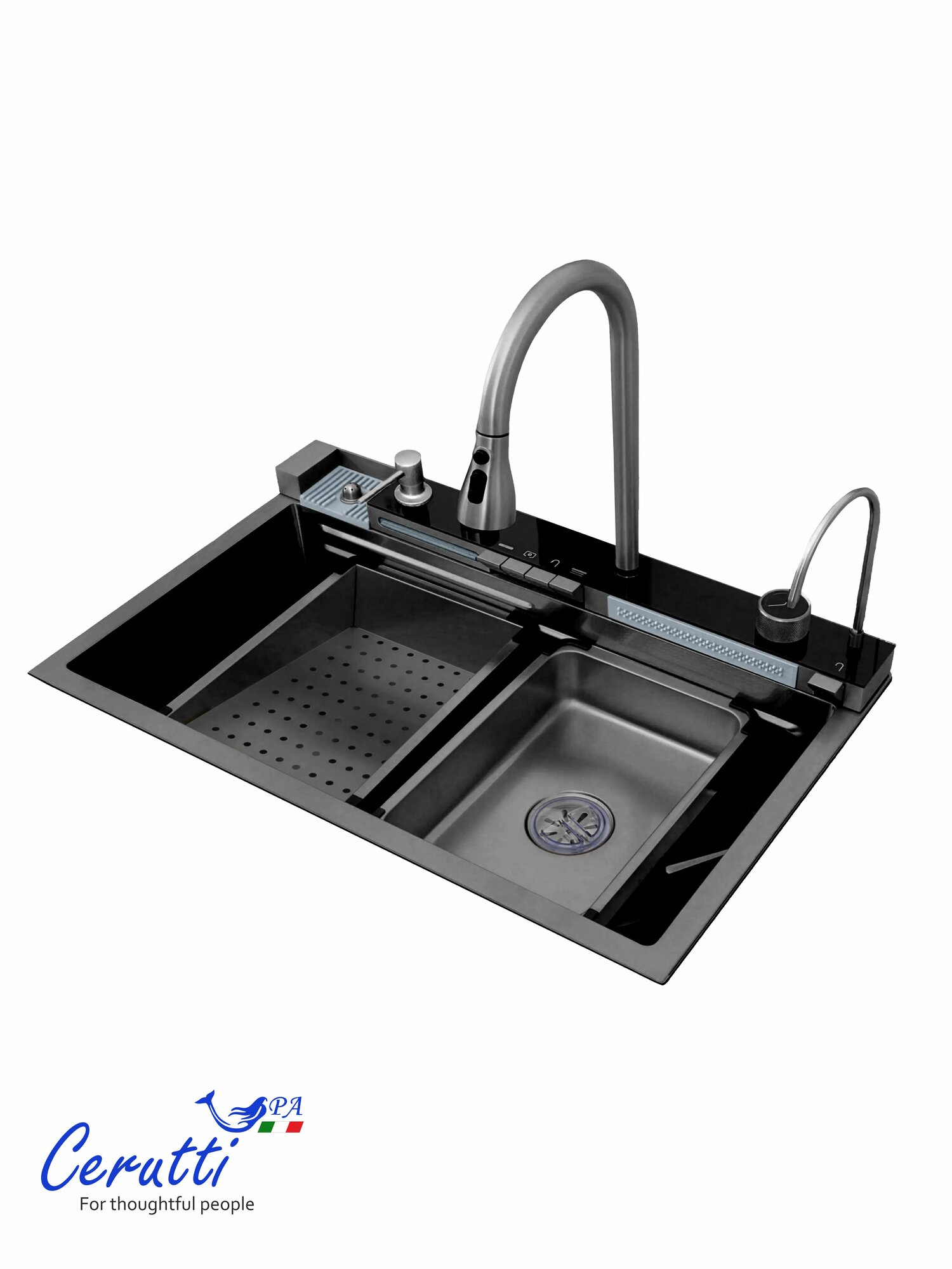 Многофункциональная кухонная мойка Ceruttispa GLORIA II nano black (серая) из нержавеющей стали (смеситель в комплекте), 750х460х230 — фото 1
