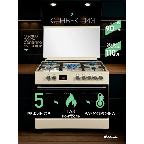 Газовая плита, 90 см, Газ-Контроль, Электрическая духовка 110 л, Конвекция, Турбо-Конфорка WOK Sabaf (Италия), il Monte FO-GE9009