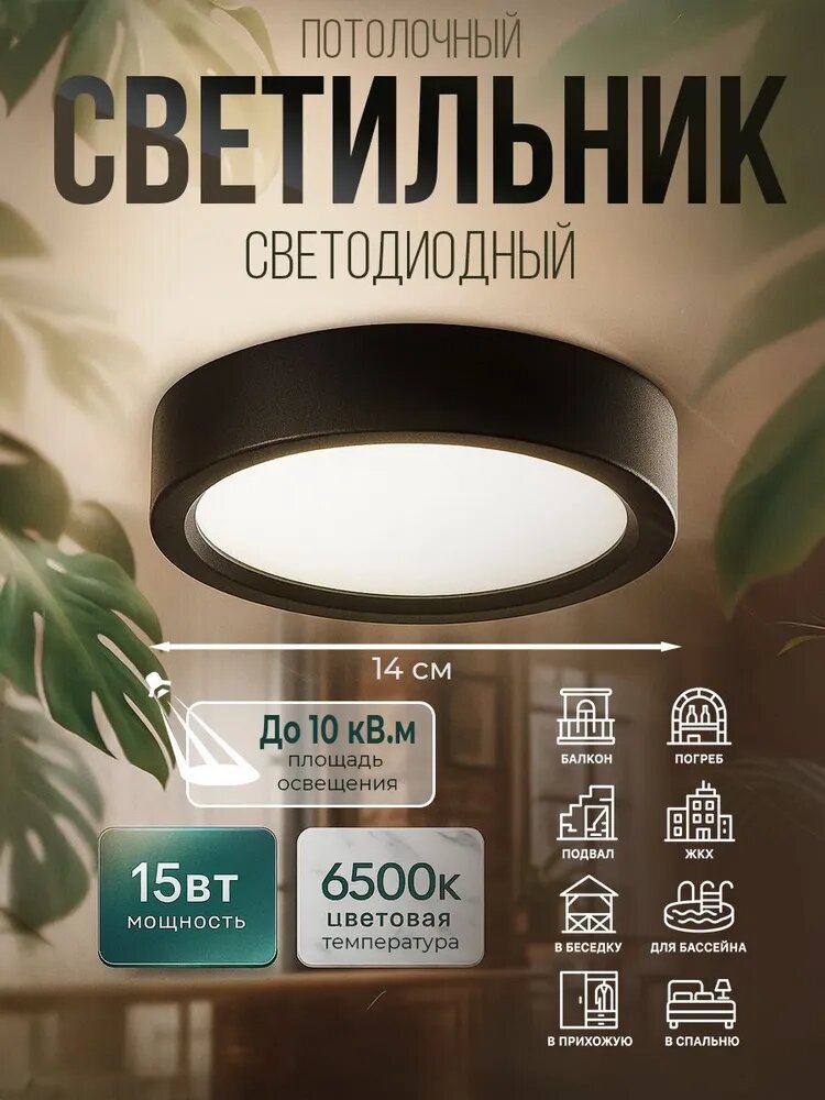 Светильник потолочный светодиодный металлический уличный 15Вт 6500К 14см круглый накладной интерьерный черный