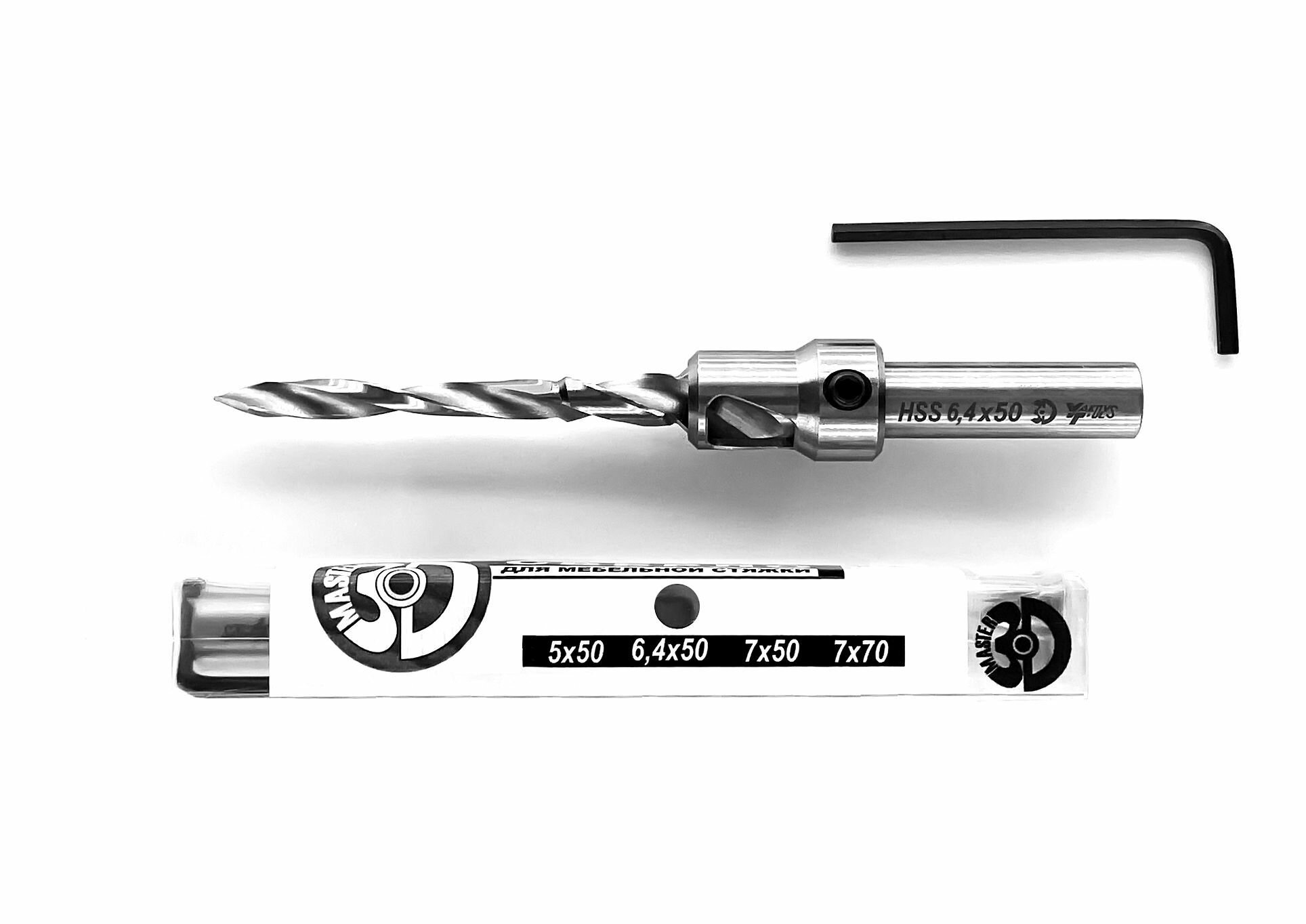 Сверло для мебельной стяжки 6.4x50мм, трехступенчатое, Master3D