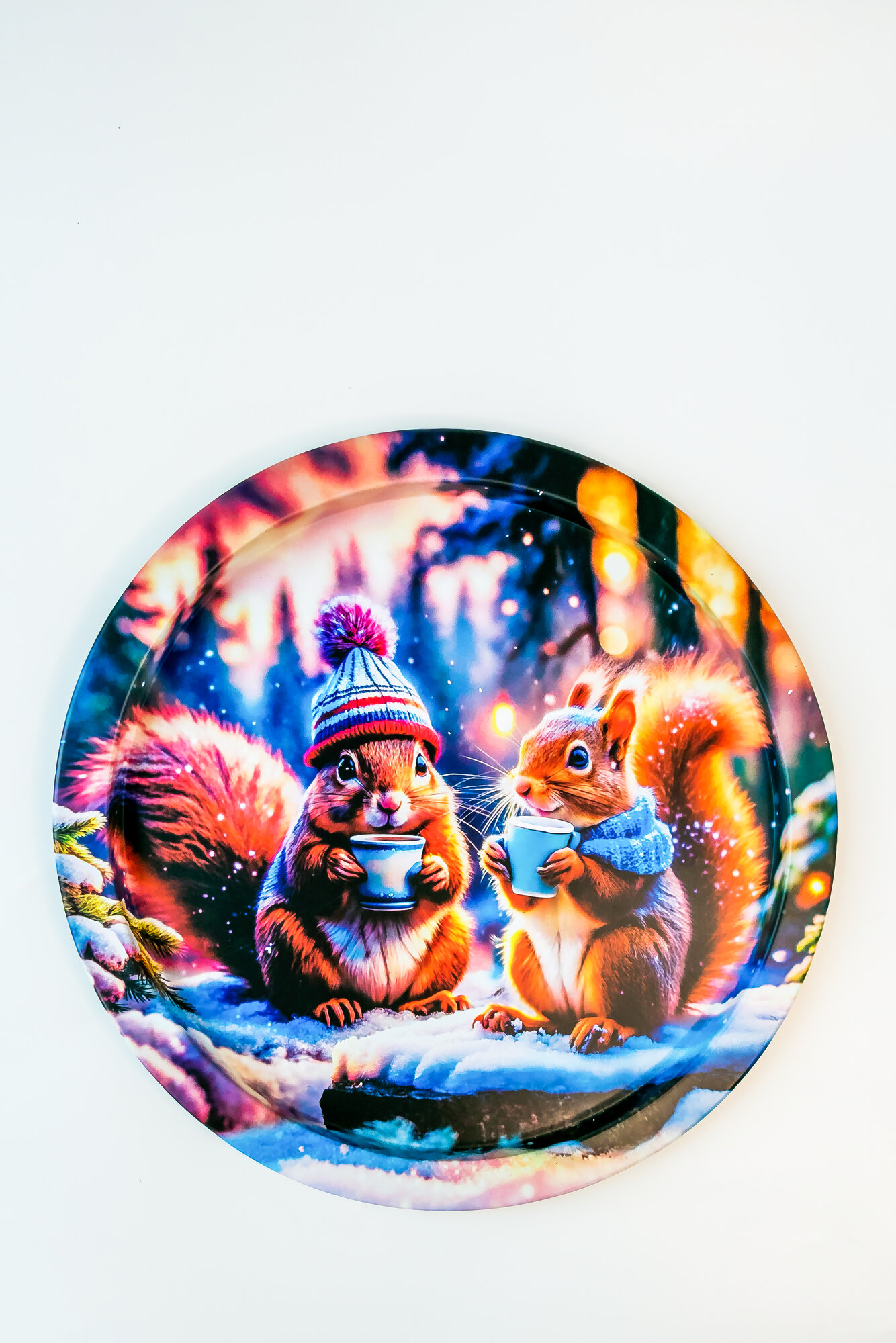 Поднос металлический круглый с бортиками новогодний 28 см PD122