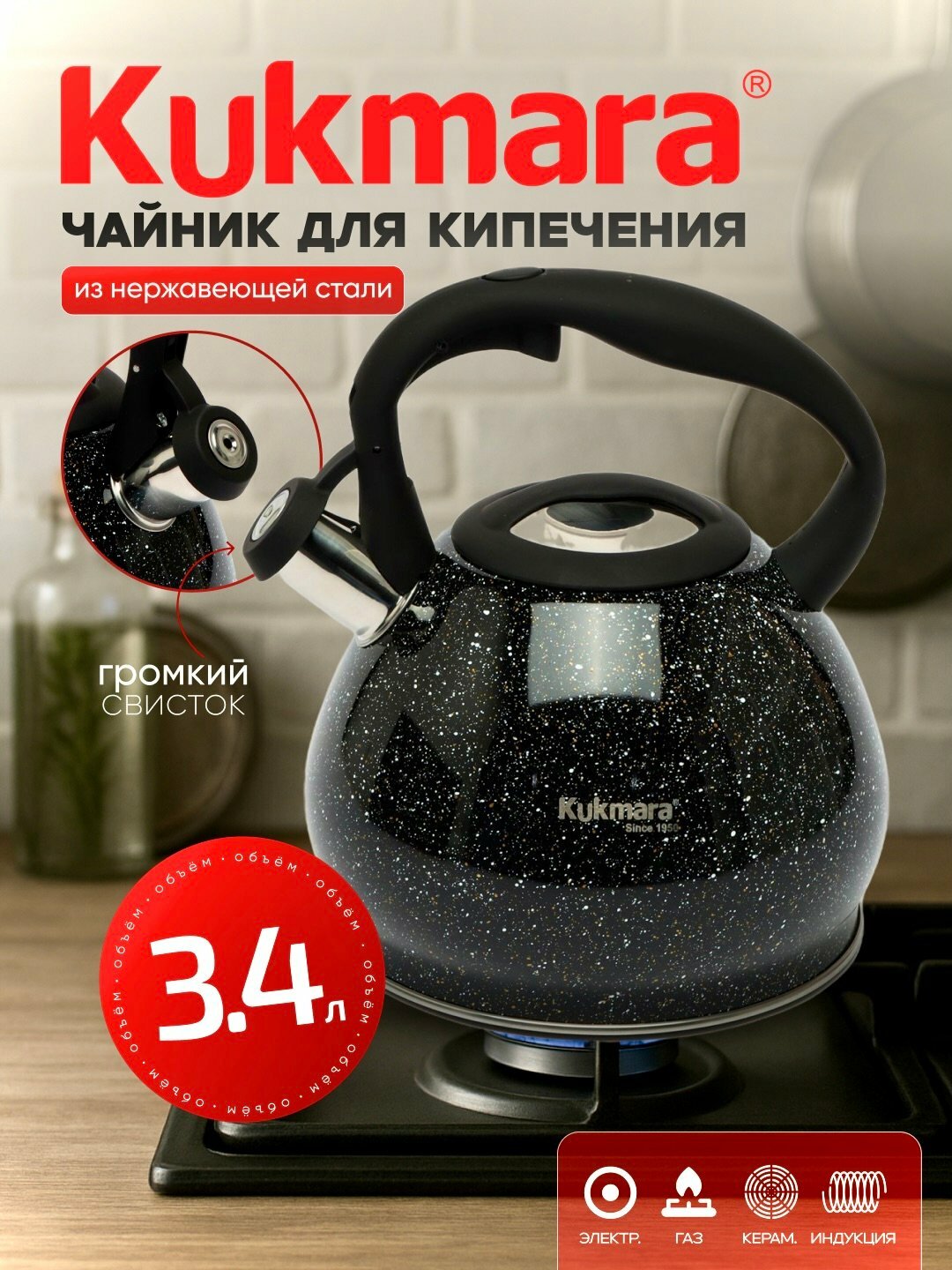Большой чайник 3,4 л со свистком — Подходит для всех типов плит, матовая поверхность