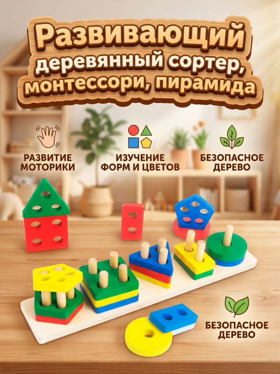 Деревянный сортер, развивающая детская игрушка, монтессори пирамида