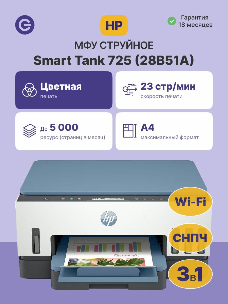 МФУ струйное HP Smart Tank 725 (28B51A), официальная гарантия