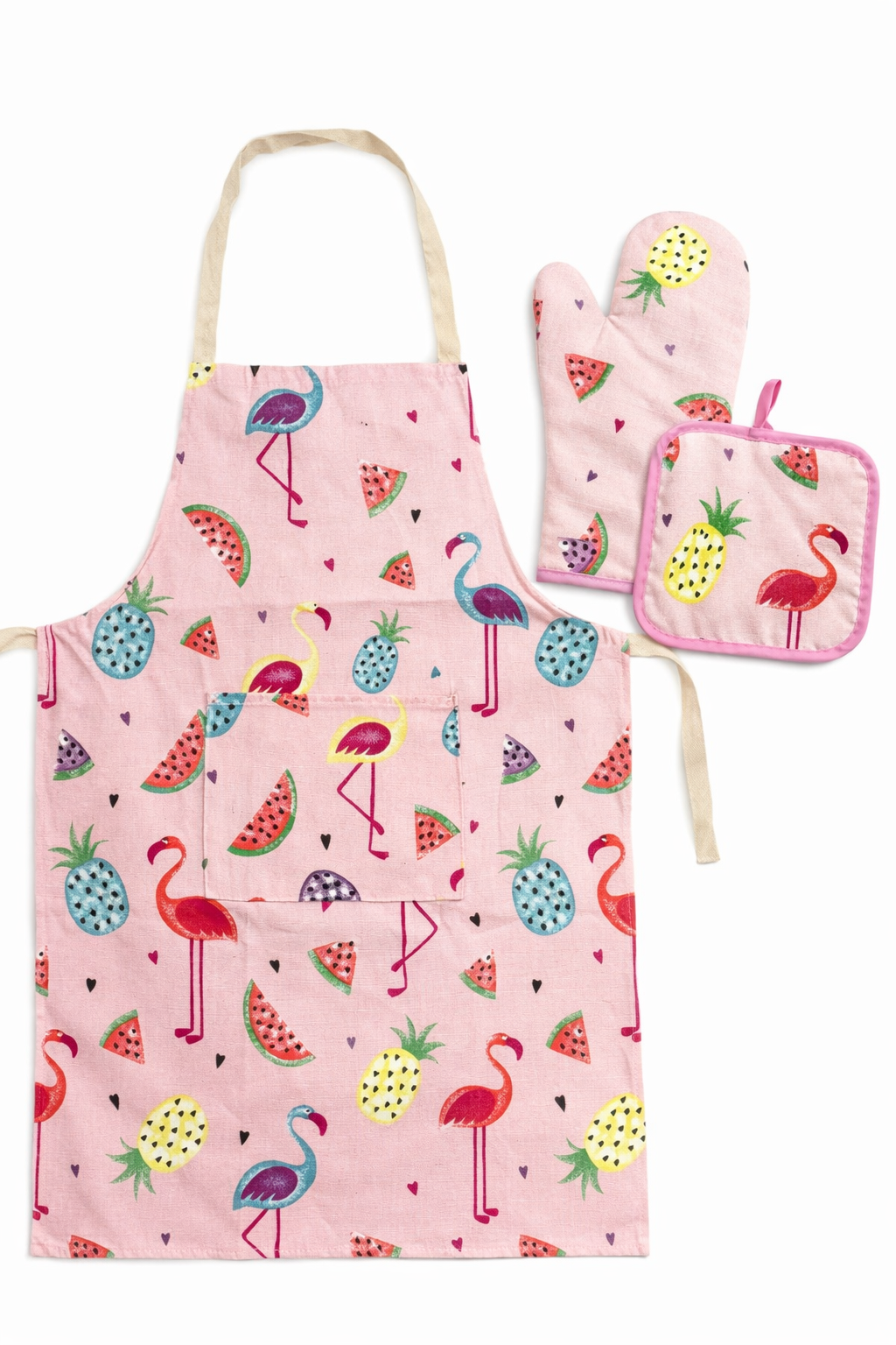 Кухонный набор 3 в 1: Фартук с карманом, рукавица и прихватка – Дизайн "Тропический Фламинго"