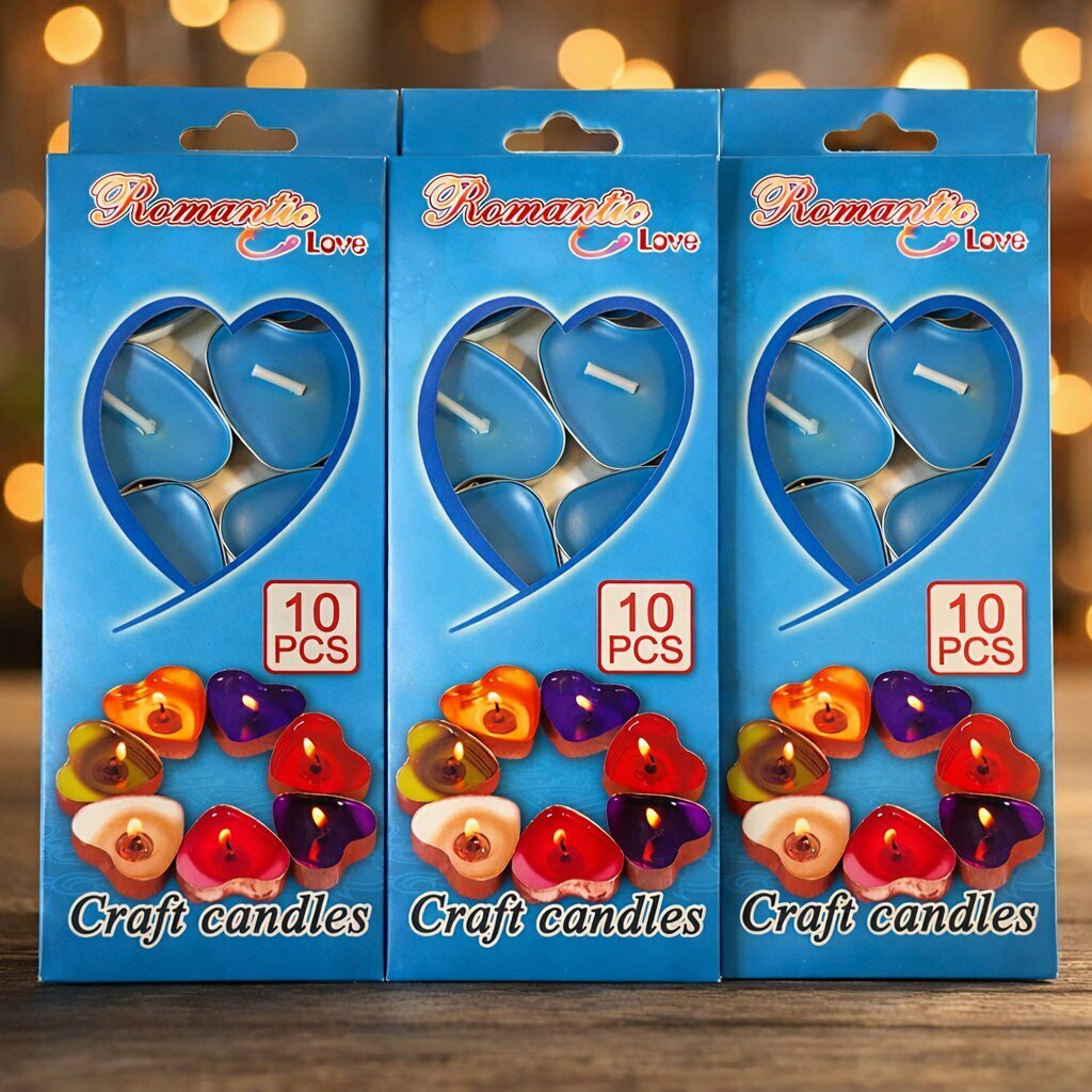 Набор 30 чайных свечей Пламя Любви в форме сердца в гильзе голубые