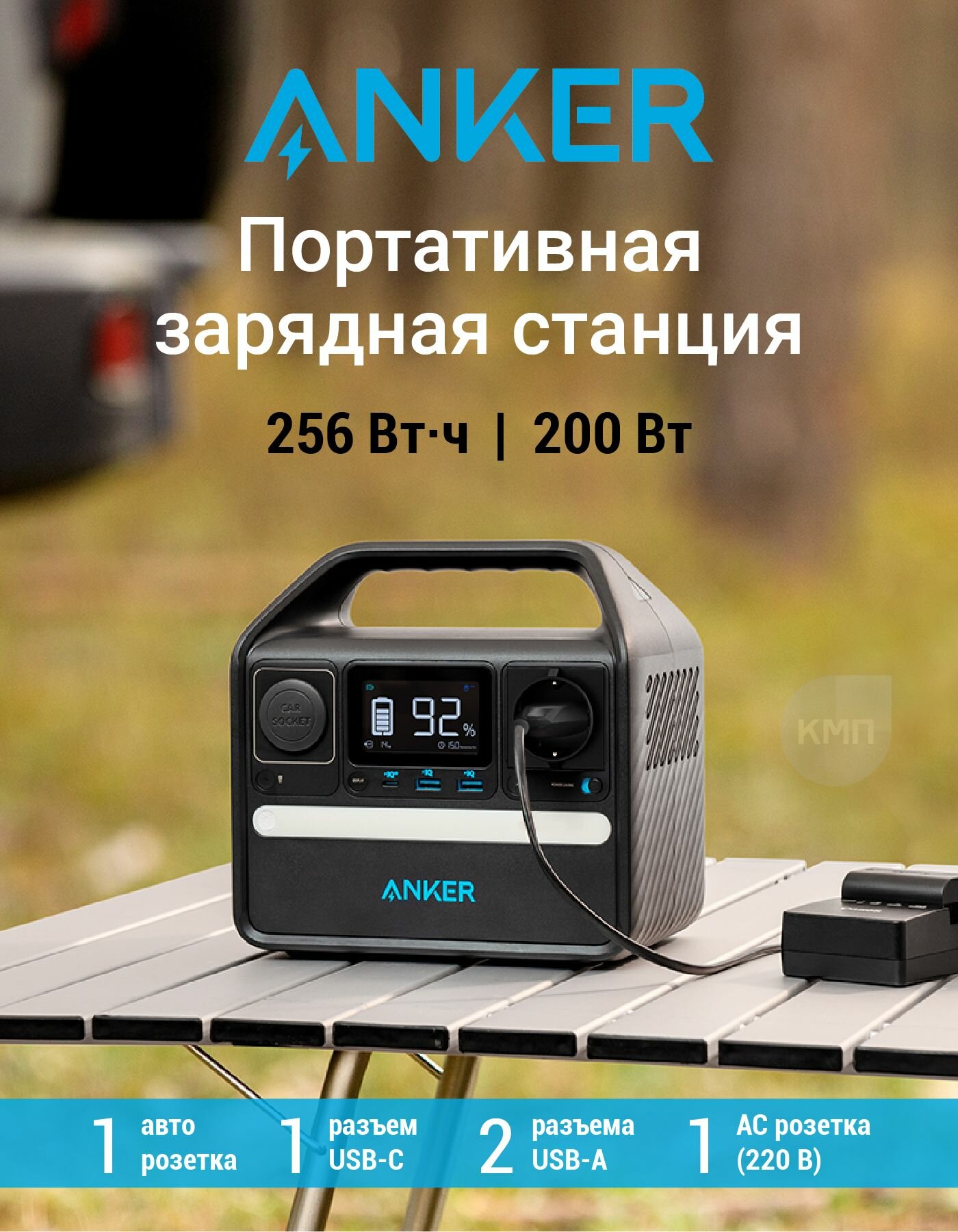 Портативная электростанция Anker 521 Portable Power Station (Мощность 200 Вт / 256 Вт*ч), зарядная станция для кемпинга с розеткой