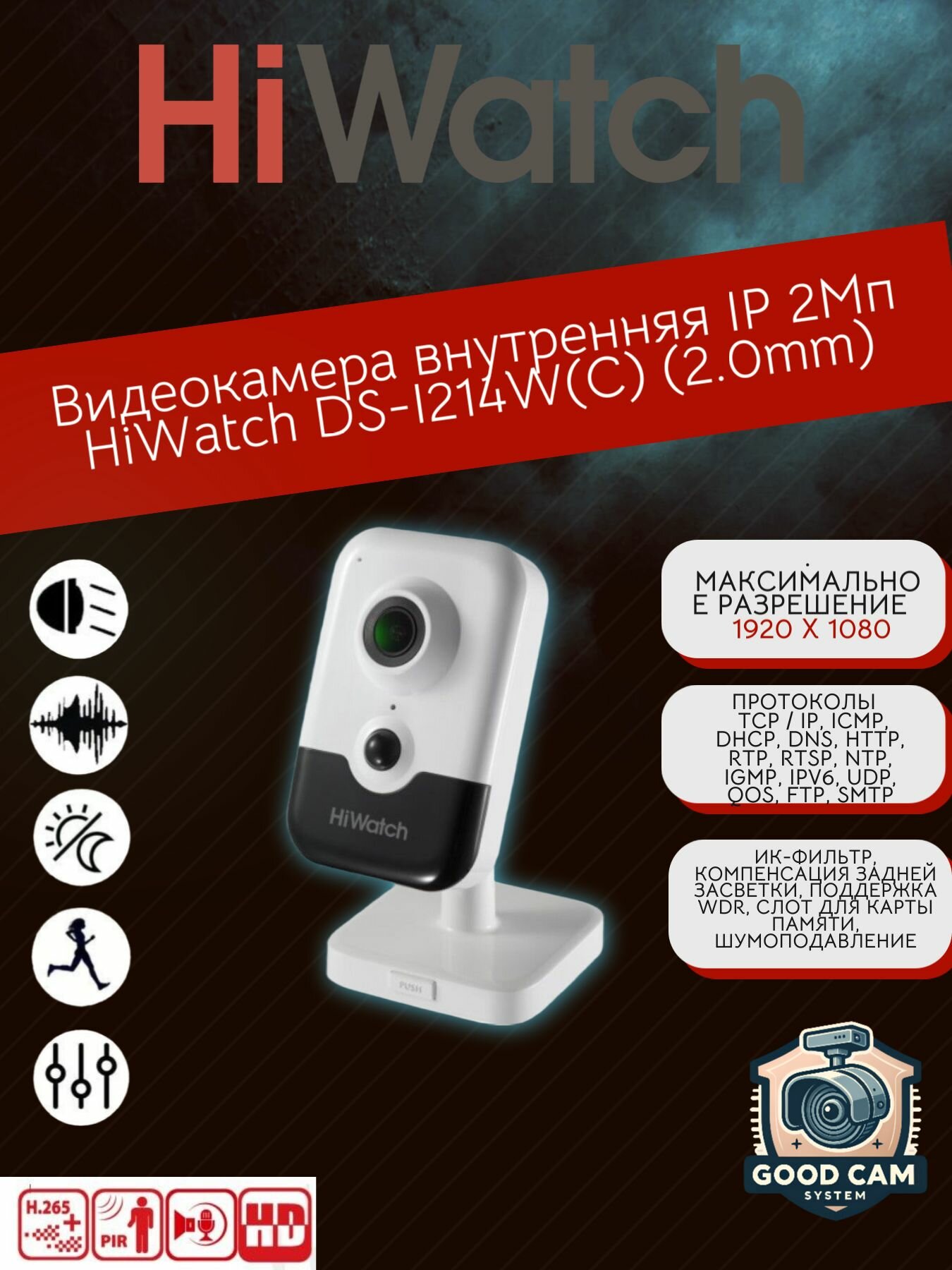 HiWatch Видеокамера WiFi внутренняя 2Мп I214W(C)2.0mm