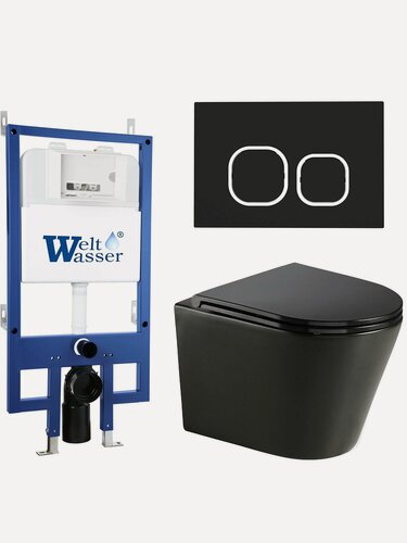 Изображение товара Комплект 6 в 1 WeltWasser: подвесной унитаз SALZBACH 043 MT-BL черный матовый+кнопка смыва BAMBERG BL черный+инсталляция BAMBERG 545