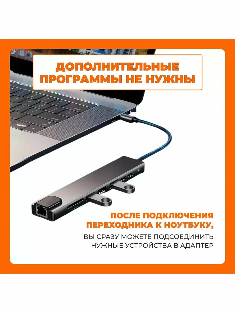 USB концентратор 8 портов, HDMI, Type-C, USB, SD, micro SD Hub Type-c USB HDMI Type-C LAN — фото 1