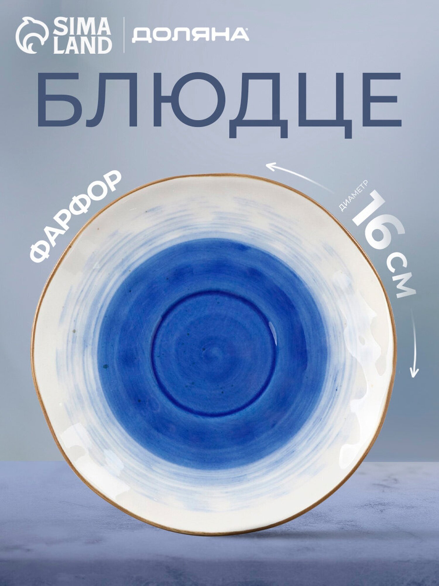 Блюдце Доляна «Космос», обеденная, круглая, 16 см, фарфор, белый/синий