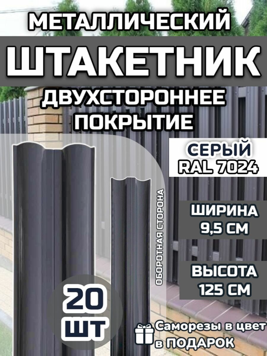 Штакетник металлический прямой (штакет евроштакетник) 20 шт.(крепеж в комплекте) Двухсторонний окрас цвет RAL 7024 Серый высота 1.25м ширина планки 95мм) Забор