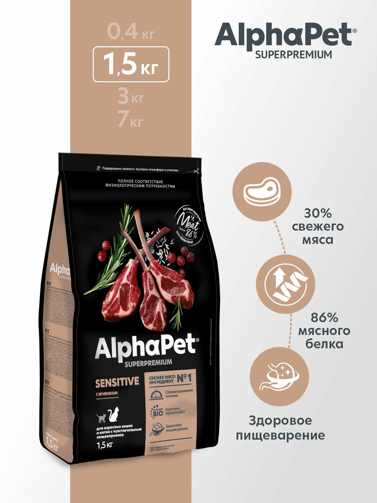 Корм AlphaPet Superpremium сухой для взрослых кошек и котов с чувствительным пищеварением с ягненком 1,5 кг