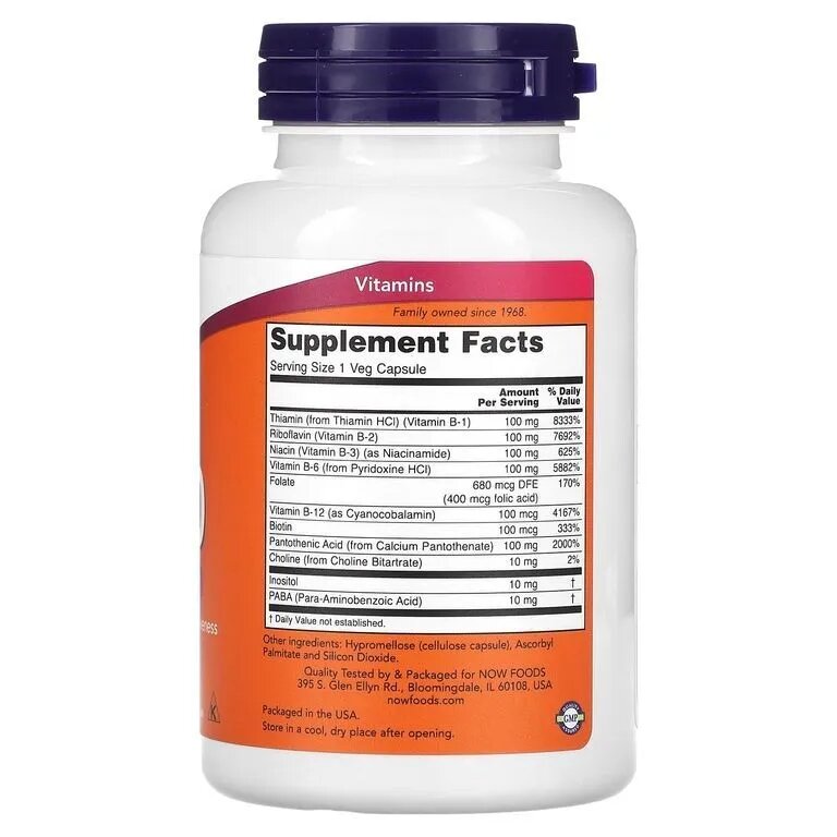 Витамины группы Б NOW Vitamin B-100, 100 растительных капсул — фото 1